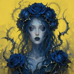 terror of the deep, ominous ethereal portrait, fantasy, twisted rose thorn designs, elegant, highly detailed, sharp focus, vivid colors, art by artgerm, greg rutkowski, rossdraws and lois van baarle, yellow blue scheme