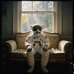 kodak portra 4 0 0, wetplate, extreme fish eye, moody still life 1 8 4 5 portrait by stanley kubrick of an astronaut sitting on a victorian loveseat, sparkling jewels between a sunlit window, in bright warm sunlight, godrays shinging through the window, golden summer, muted colours, haze, trees outside, no people
