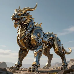 a beautiful octane render of a huge ferocious kylin mythical animals occupy the ground, surrealistic, epic, 8 k hd, detail structure, fine texture, light effect, unreal engine, trending on cgsociety, 3 d model, cool mecha style, trending on artstation, ultra wide angle,, 3 d render, ray tracing, mechanics, hyper detailed, golden ratio, realistic physical rendering, close shot