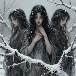 personification of winter as a triad of muses, somber, mournful, style mix of æon flux, shepard fairey, botticelli, john singer sargent, pre - raphaelite, shoujo manga, branches, snow, ice, dark muted colors, superfine ink detail, ethereal, 4 k photorealistic, arnold render