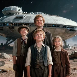 extremely sharply detailed scan from blockbuster 9 6 k sci fi color movie freeze frame, set 1 8 6 0, family standing in front of crashed spaceship, on alien planet, looking happy, wearing 1 8 5 0 s era clothes, atmospheric lighting, in focus, reflective eyes, - 9 9 9 mm macro lens, live action, nice composition and photography, clear facial details