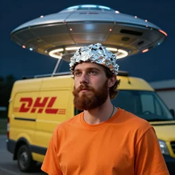 Bearded young man in orange t-shirt and tin-foil hat on a head being abducted by UFO from his delivery DHL van