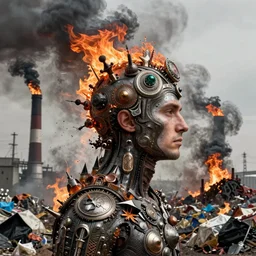 a profile portrait of man, burning smokestack accents, spilled oil, pollution, character portrait, facing right!!!, trash, ultra realistic, wide angle, intricate details, the fifth element artifacts, highly detailed by peter mohrbacher, hajime sorayama, wayne barlowe, boris vallejo, aaron horkey, gaston bussiere, craig mullins