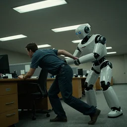 a robot drags a man away from his desk, a robot grabs a man by the arm, film still, wide shot, tilted frame, dramatic lighting, on Flickr in 2007, low key lighting, cold fluorescent lighting,