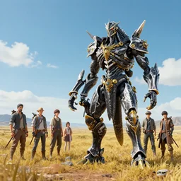 prairie env like horizon forbidden west with a pacific rim titan figurine of color black & white & gold, atlas striker otachi jeager kaiju by jesper ejsing, feng zhu, rhads, makoto shinkai, lois van baarle, ilya kuvshinov and thomas kinkade