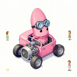cute and funny, pink colored squid wearing goggles riding in a tiny hot rod van with oversized engine, ratfink style by ed roth, centered award winning watercolor pen illustration, isometric illustration by chihiro iwasaki, edited by range murata, tiny details by artgerm and watercolor girl, symmetrically isometrically centered