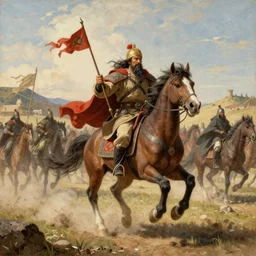 Genghis Khan's minion horse archer horde descends upon an unsuspecting village in the style of Eugène Delacroix