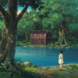 bonifacio global city with a blue lake, beautiful ancient trees, hiding large treasure chest, serene evening atmosphere, soft lens, soft light, cel - shading, animation, in the style of cgsociety, deviantart, artstation, zbrush, cinema 4 d, studio ghibli, akihiko yoshida, atelier lulua, masamune shirow