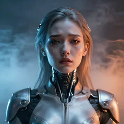 ( ( symmetry ) ) closeup portrait of a chrome stunning cyborg girl, ( ( ( crying ) ) ), racer jumpsuit with shoulder pads, strong cinematic light, blue orange, viscous volumetric smoke, mist, by gerald brom, by mikhail vrubel, by peter elson, muted colors, extreme detail, trending on artstation, 8 k
