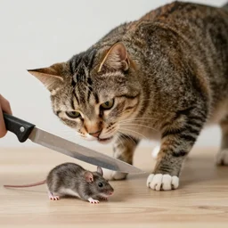 cat stabbing a rat with a knife