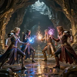5 realistic fantasy characters fight with magic in big cave, action scene, lumen reflections, sharpened, insanely detailed and intricate, hypermaximalist, elegant, ornate, hyper realistic, super detailed, digital art, bokeh blur