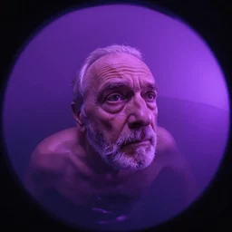 a photo of an old man drowning in purple light looking sad with a zoomed in fish eye lens, photorealistic, 4 k, 8 k, ultra hd.