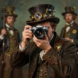 hyper realistic photographer looking through camera, magical, steampunk, painted by tom bagshaw, mucha, gaston bussiere, craig mullins, j. c. leyendecker 8 k