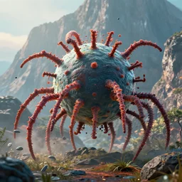 a gigantic bio germs stands in front of a mountain. digital art, octane renderer. cgsociety, soft light