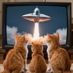 1 9 8 0's color photo of cute ginger cats looking at spaceship lift - off in tv