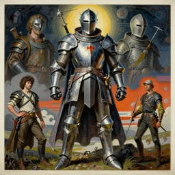 unique space knight adventurer, monumental painting by gerrit van honthorst and hajime sorayama and devis stuart, illusion surreal art, highly conceptual figurative art, intricate detailed oil illustration, controversial poster art, polish poster art 1 9 8 0