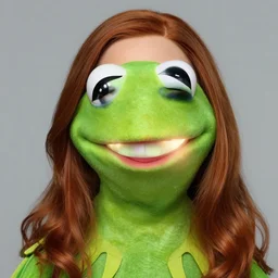 a portrait of emma stone with green make - up trying to look like kermit the frog