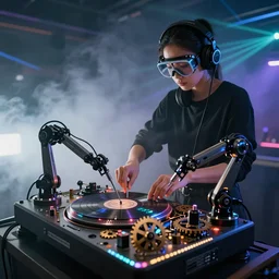 an asian woman wearing goggles and visor and headphones using an intricate clockwork record player turntable contraption, robot arms, turntablism dj scratching, intricate planetary gears, smoky atmosphere, cinematic, sharp focus, led light strips, bokeh, iridescent, black light, fog machine, hazy, lasers, spotlights, motion blur, color