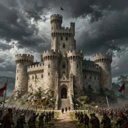 a castle in middle ages, surrounded by an army, digital art, trending on artstation, epic, thunderstorm