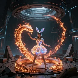 a girl like yoona, in a glowing skirt, wearing cybernetic bunny ears, casting fire spell in shape of a snake, in the middle of round ruins, background cyberpunk spaceship, full shot, photo, geometries, Fibonacci, volumetric lighting, epic composition, intricate details, dark neon punk, by denis villeneuve , Greg Rutkowski and Alphonse Mucha