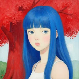 girl with blue hair as a shaun tan painting the red tree illustration detailed painting