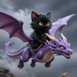 super detailed black fluffy cat riding a purple dragon in a storm, ultrarealistic, highly detailed, soft colors