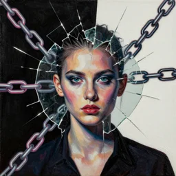 chained in neon chains, digital collage, decoupage, assemblage, photomontage, canvas texture, hight contrast, minimalist, contemporary art, punk art, photorealistic, portrait, expressionism, masterpiece, dynamic composition, spectacular quality, intricate oil details, broken glass