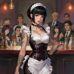 portrait of a cyberpunk tattooed barmaid, artstation, elegant, highly detailed, digital painting, concept art, smooth, sharp focus, illustration, art by don bluth and michel ocelot and makoto shinkai and tom whalen and atey ghailan and akihiko yoshida