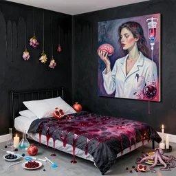 bedroom with black dripping walls and a futon, berry juice dripping, a sensual portrait of a female pathologist holding a brain, intravenous drip, wilted flowers, pomegranate, candles, octopus, pancakes, berries, surgical supplies, scientific glassware, candles, neo - expressionism, surrealism, acrylic and spray paint and oilstick on canvas