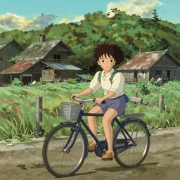 a young girl riding a bike in a small town, 1970s philippines, art by hayao miyazaki, studio ghibli film, hi res, 4k