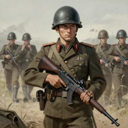 painting of ww2 Japanese inantry! ,  desaturated, old school, detailed background,  cell shaded, illustration,  Trending on artstation