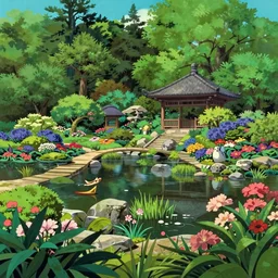 the beautiful gardens of eden, aesthetic, divine, stunning view, japanese animation, by hayao miyazaki, by paolo uccello, colorful