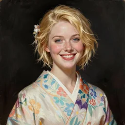 stunning, breathtaking, awe - inspiring award - winning concept art portrait painting by steve mccurry of a beautiful young smiling blonde white woman with short, wavy hair, wearing a colorful yukata, unreal engine