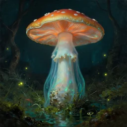 a close - up rococo portrait of a futuristic iridescent mushroom ghost standing in water, moss, and swamp. fireflies night time. rich teal and orange colors, high contrast. gloomy, highly detailed 1 8 th century sci - fi fantasy masterpiece painting by jean - honore fragonard, moebius, and johfra bosschart. artstation