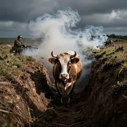 smoke,!!! colored photography, tilt shift wwi a cow over a dug out trench wwi, dramatic light, zdzidaw, ultrafine, hyperrealistic, 3 2 k, 3 5 mm film still, movie