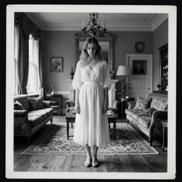 a double exposure of a beautiful full length portrait of a solemn young woman looking down, apparition, ghostly, white dress, with an estate agent photo of a stately home living room, scratched photo, damaged edges, black and white damaged photo