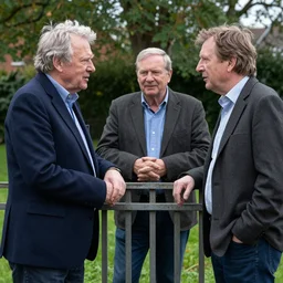 slavoj zizek having a conversation by a fence with bob vila and bob ross