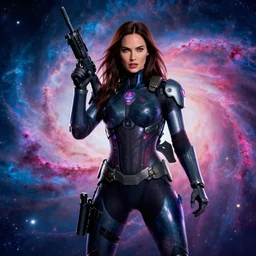 movie still frame, megan fox in cyber suite and assault rifle in epic pose, a psychedelic nebula in the background, beautiful composition, 8 k, cgi, by ridley scott, zack snyder and michael bay