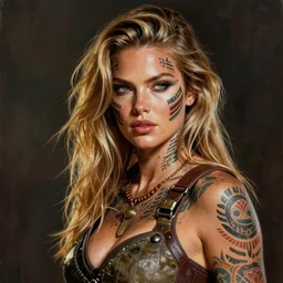 gorgeous!! hyper - realistic woman resembling kate upton as a post - apocalyptic warrior girl with tattoos & tribal face paint | drawn by wlop, drawn by jeehyung lee, drawn by artgerm