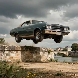 the general lee car from dukes of hazzard jumping in the air over the garonne in bordeaux, matte painting, art, detailed, sharp focus, dramatic, cinematic, realistic, coherent,