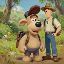 a German Hiker and tour guide oil painting of an anime figurine caricature with an expressive smile featured on Wallace and Gromit by Studio Ghibli
