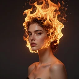 portrait of a moderately beautiful woman, head on fire, medium shot, digital art, volumetric lighting, highly detailed, by tom bagshaw,