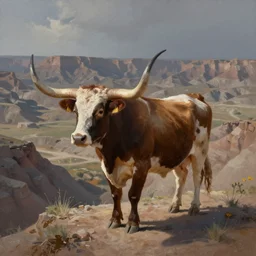 a oil panting of a longhorn steer on a bluff in utah badlands, in the style of johfra bosschart, digital painting, extremely moody, highly detailed, sharp focus, illustration, key visual, unreal engine