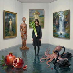 painting of a flooded art gallery with paintings on the walls, a tall emo girl holding celery, aboriginal art sculpture, pomegranates, octopus, waterfall, zen, black swans, berries, surrealist, by magritte and monet