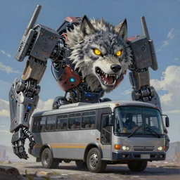 Mechanical  werewolf - transformer hybrid of bus and wolf, having cabin in form of wolf head with big yellow eyes looking at us full of rage and long mechanical body - it is bus with wheels and windows, mechanical form of life, oil on canvas, fantasy, magic, dream, perfect composition, symmetric, digital painting, concept art, smooth, sharp focus, illustration, artstation trending, octane render, unreal engine, anime style, cyberpunk