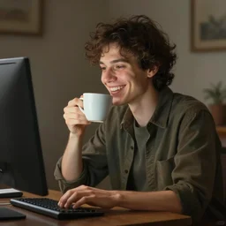 photorealistic illustration of a person using a computer happily while drinking coffee