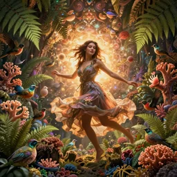ridiculously beautiful young woman tripping, psychedelics, ferns, coral, birds, symmetrical, in the style of ernst haeckel, effervescent, warm, hyperrealism, photo realistic, epic and cinematic,