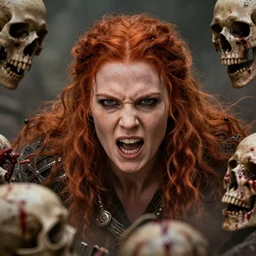 still from lord of the rings of a head and shoulders action photo, human female barbarian, red hair, frenzy, blood and skulls, d & d, high fantasy, facial detail, extremely detailed