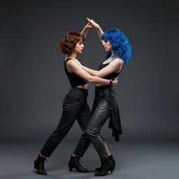 two young women dancing together, one with short brown hair and one with blue hair, dramatic, trending on artstation