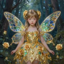 breathtaking detailed soft painting of a little fairy princess in a luxurious twilight forest, by Ayami kojima, loputyn and matcha, golden rose dress of stained glass floating around, detailed realistyc symmetrical facial features, 8k, concept art, matte, sharp focus, rembrandt style